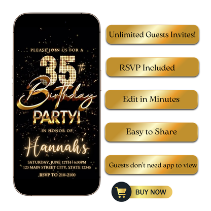 Editable black gold fireworks 35th birthday video invitation displayed on a mobile phone, featuring an animated vertical digital invite with music, created in Canva. This premium video invitation template is designed for sharing by text, email, and social media and works with an interactive RSVP website for easy guest response tracking.