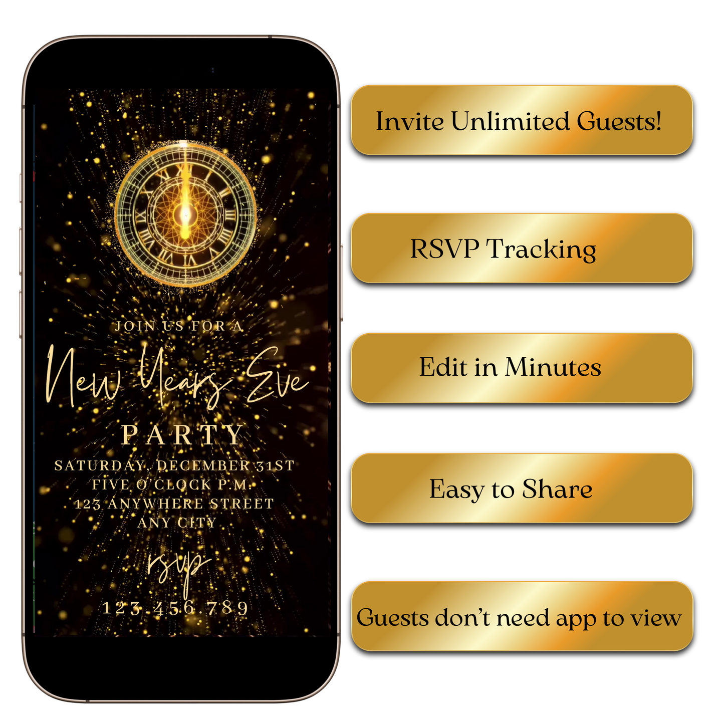 Editable midnight clock NYE video invite with fireworks