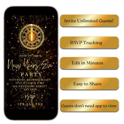 Editable midnight clock NYE video invite with fireworks