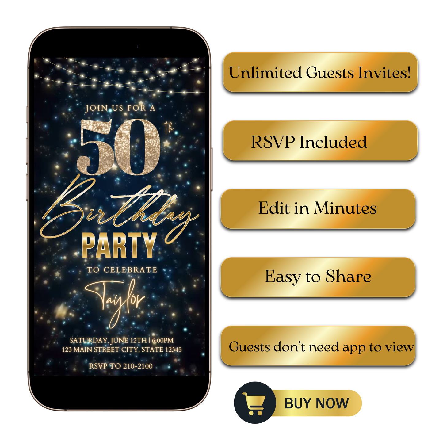Editable starry gold 50th birthday video invitation displayed on a mobile phone, featuring an animated vertical digital invite with music, created in Canva. This premium video invitation template is designed for sharing by text, email, and social media and works with an interactive RSVP website for easy guest response tracking.