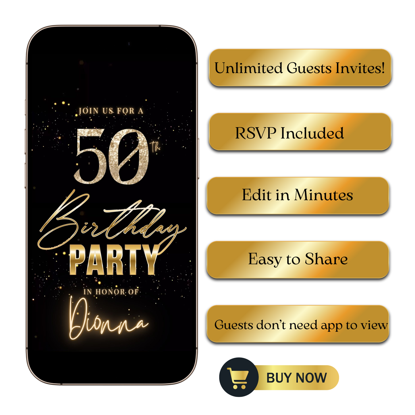 Editable black gold shimmer 50th birthday video invitation displayed on a mobile phone, featuring an animated vertical digital invite with music, created in Canva. This premium video invitation template is designed for sharing by text, email, and social media and works with an interactive RSVP website for easy guest response tracking.