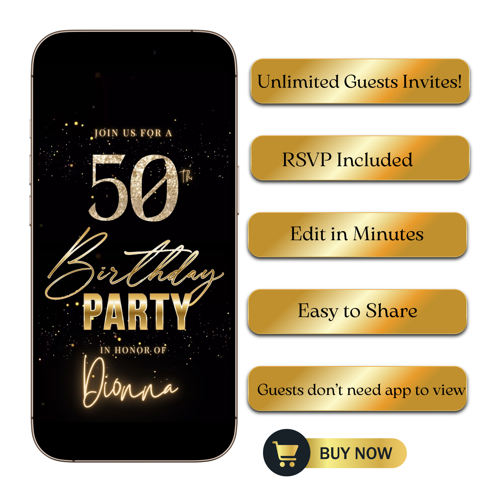 Editable black gold shimmer 50th birthday video invitation displayed on a mobile phone, featuring an animated vertical digital invite with music, created in Canva. This premium video invitation template is designed for sharing by text, email, and social media and works with an interactive RSVP website for easy guest response tracking.