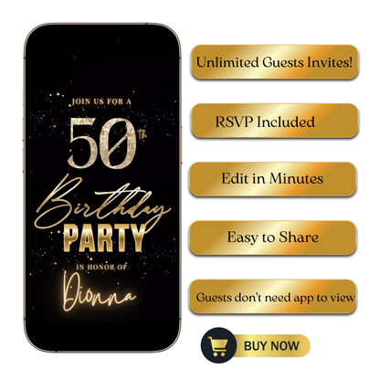 Editable black gold shimmer 50th birthday video invitation displayed on a mobile phone, featuring an animated vertical digital invite with music, created in Canva. This premium video invitation template is designed for sharing by text, email, and social media and works with an interactive RSVP website for easy guest response tracking.