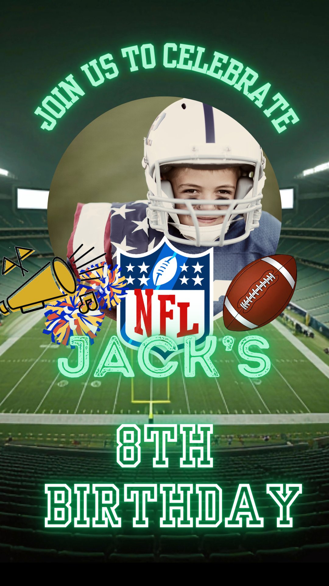 Event details screen over green field with yard-line markings