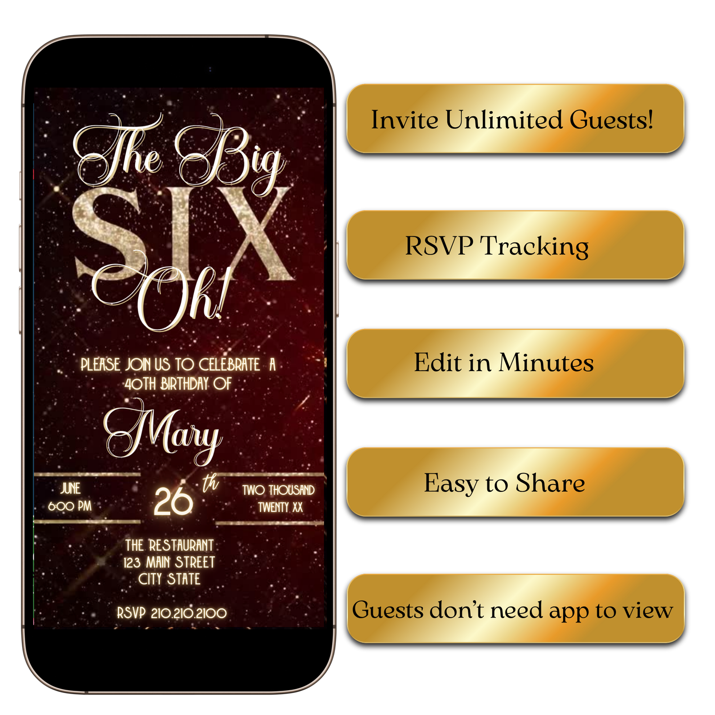 Digital Elegant Six-Oh Video Invite with Champagne Glass & Glam Vibes MP4 Invite