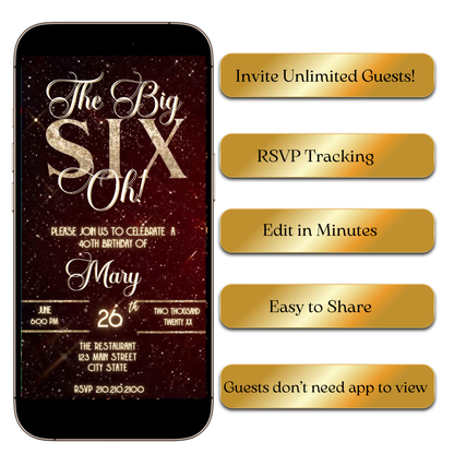 Digital Elegant Six-Oh Video Invite with Champagne Glass & Glam Vibes MP4 Invite