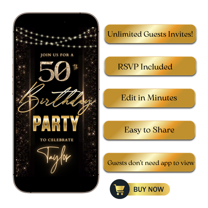 Editable black gold sparkle 50th birthday video invitation displayed on a mobile phone, featuring an animated vertical digital invite with music, created in Canva. This premium video invitation template is designed for sharing by text, email, and social media and works with an interactive RSVP website for easy guest response tracking.