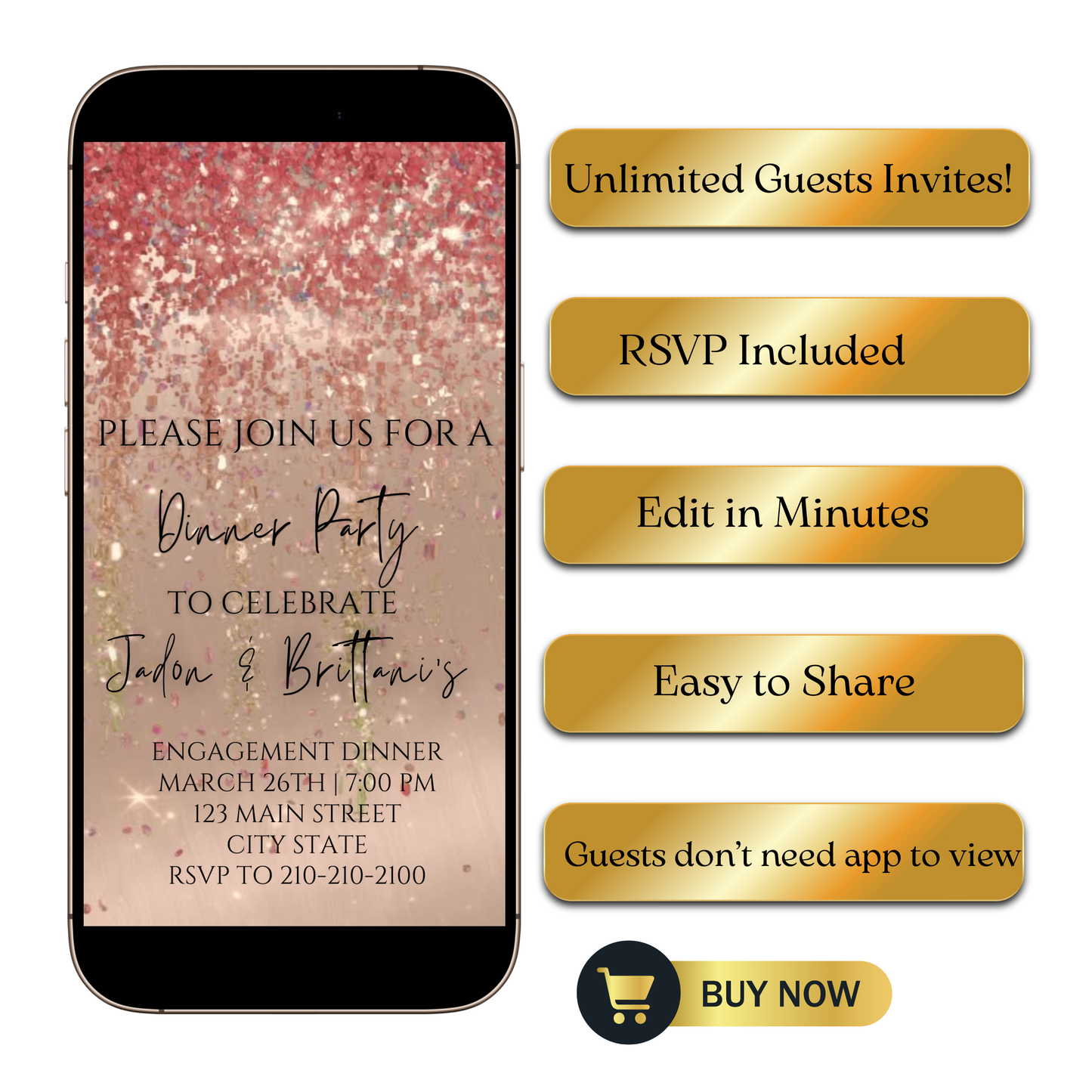 Editable rose gold watercolor glitter engagement dinner video invitation displayed on a mobile phone, featuring an animated vertical digital invite with music, created in Canva. This premium video invitation template is designed for sharing by text, email, and social media and works with an interactive RSVP website for easy guest response tracking.
