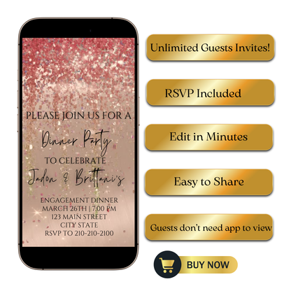 Editable rose gold watercolor glitter engagement dinner video invitation displayed on a mobile phone, featuring an animated vertical digital invite with music, created in Canva. This premium video invitation template is designed for sharing by text, email, and social media and works with an interactive RSVP website for easy guest response tracking.