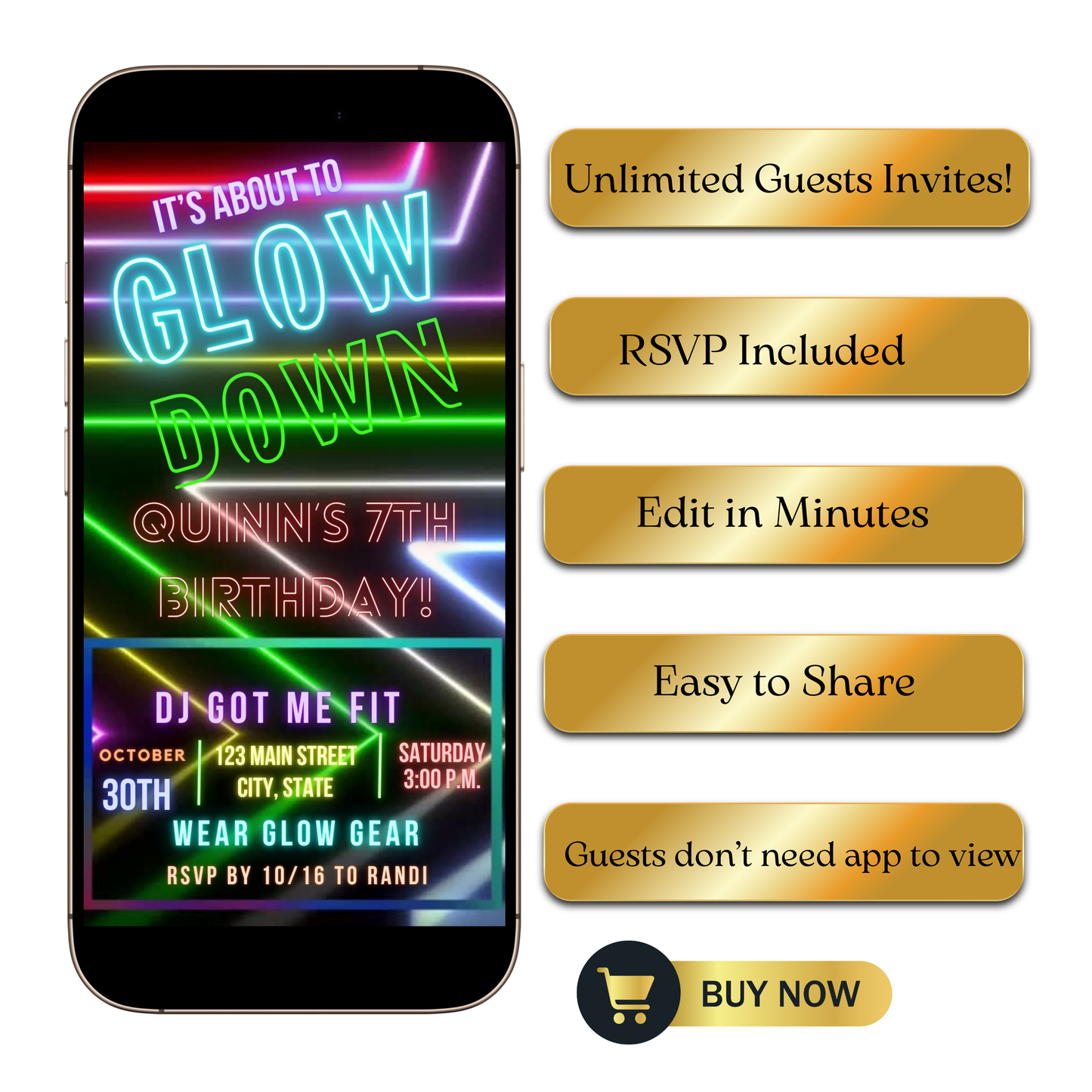 Editable neon glow birthday party video invitation displayed on a mobile phone, featuring an animated vertical digital invite with music, created in Canva. This premium video invitation template is designed for sharing by text, email, and social media and works with an interactive RSVP website for easy guest response tracking.