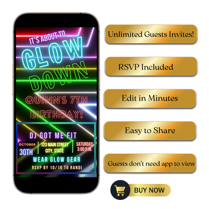 Editable neon glow birthday party video invitation displayed on a mobile phone, featuring an animated vertical digital invite with music, created in Canva. This premium video invitation template is designed for sharing by text, email, and social media and works with an interactive RSVP website for easy guest response tracking.
