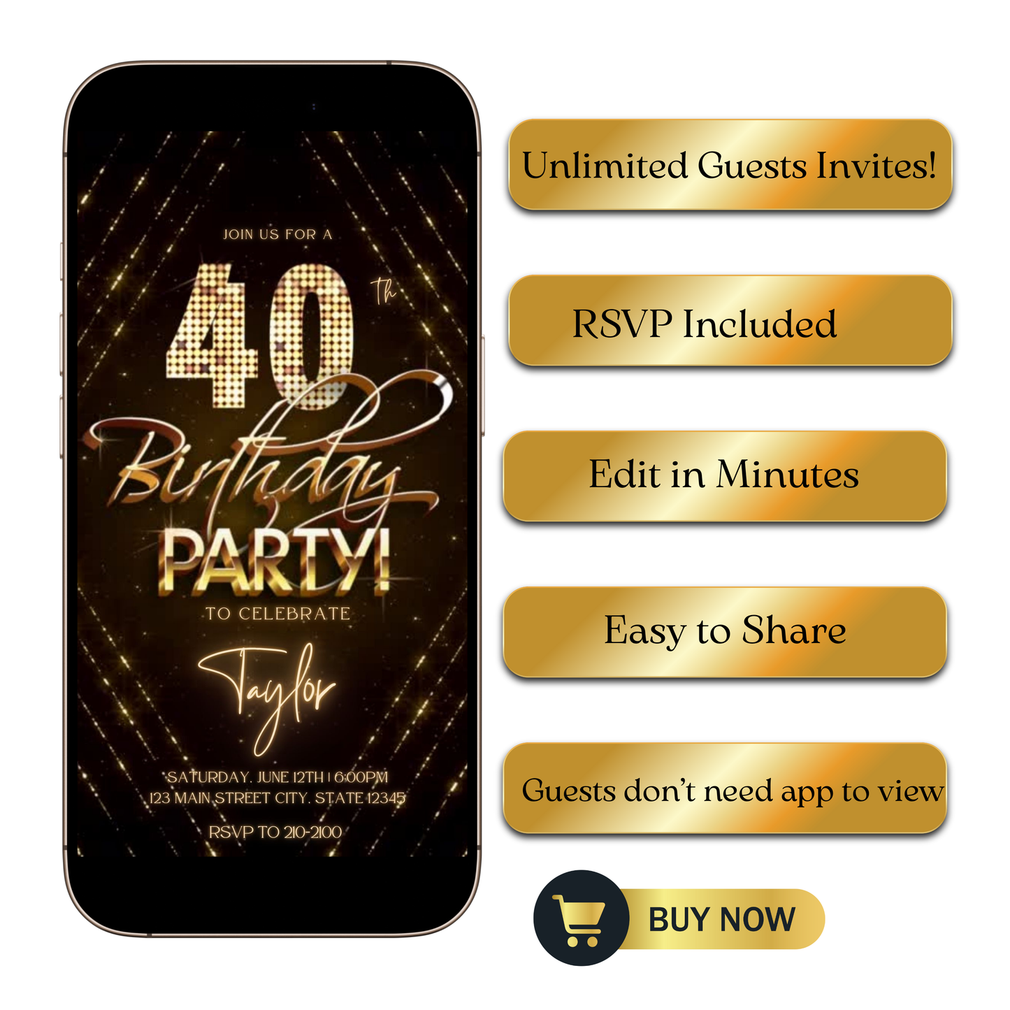 Editable gold glitter 40th birthday video invitation displayed on a mobile phone, featuring an animated vertical digital invite with music, created in Canva. This premium video invitation template is designed for sharing by text, email, and social media and works with an interactive RSVP website for easy guest response tracking.