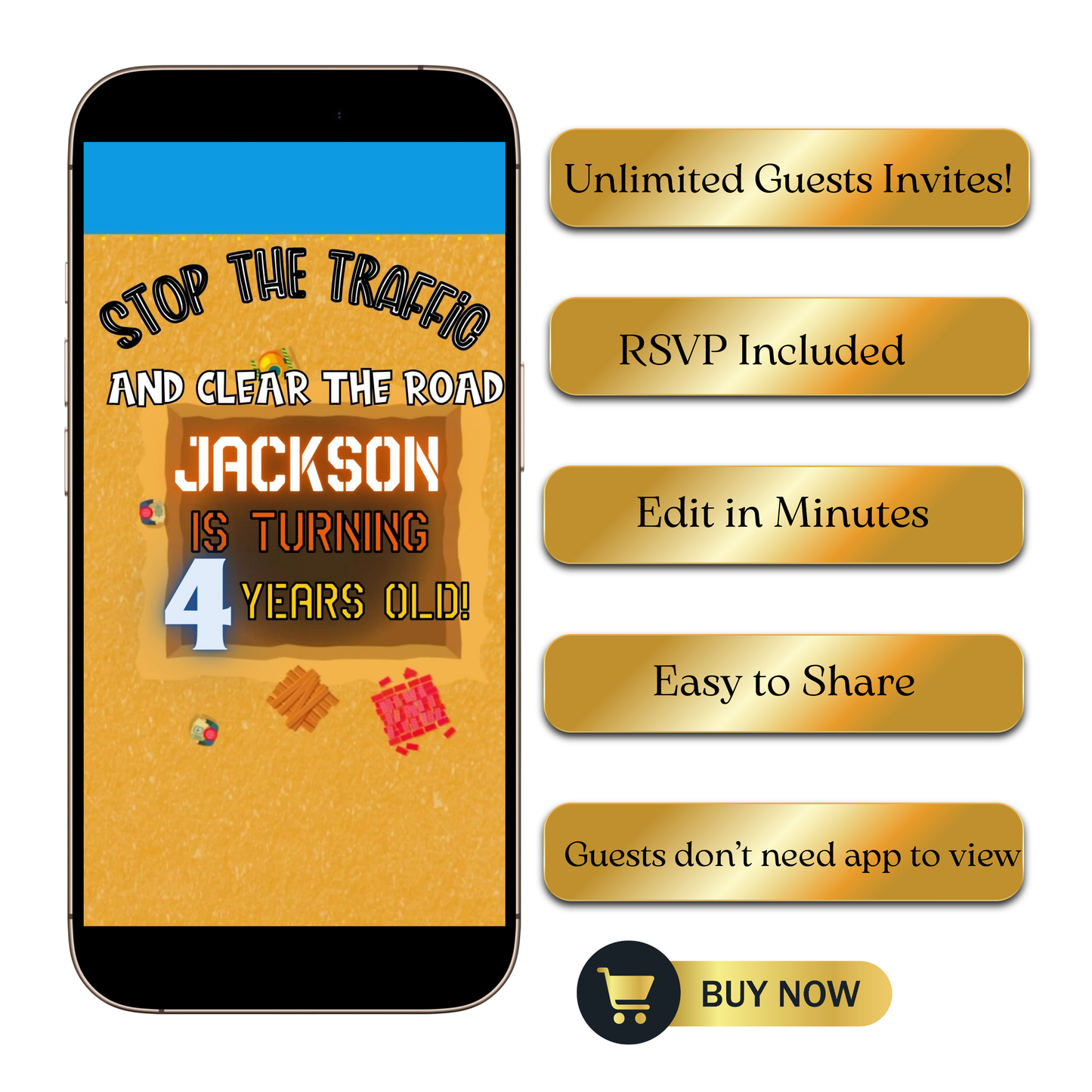 Editable construction theme 4th birthday video invitation displayed on a mobile phone, featuring an animated vertical digital invite with music, created in Canva. This premium video invitation template is designed for sharing by text, email, and social media and works with an interactive RSVP website for easy guest response tracking.