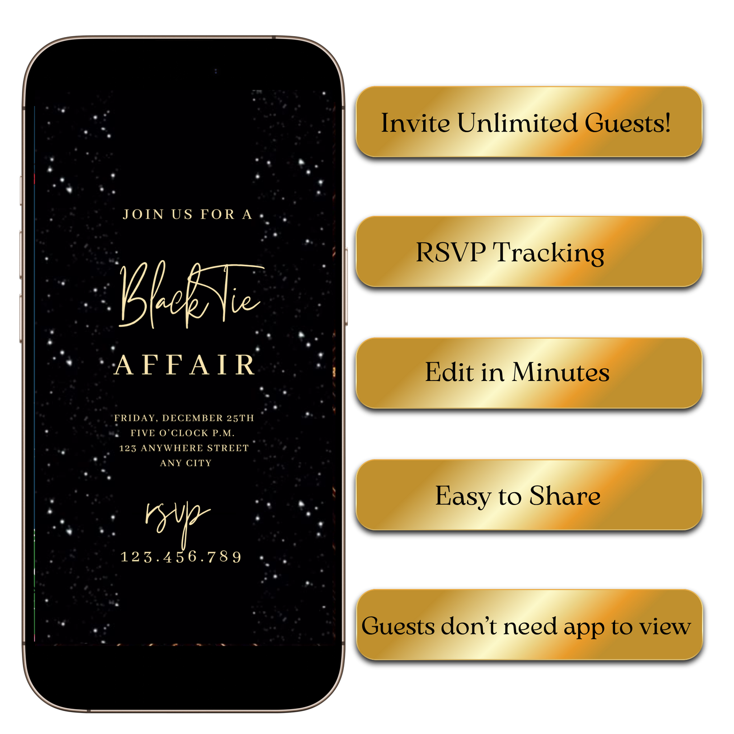 Digital Black Glitter Glam Video Invitation — Elegant Gold Text Digital Template MP4 Invite
