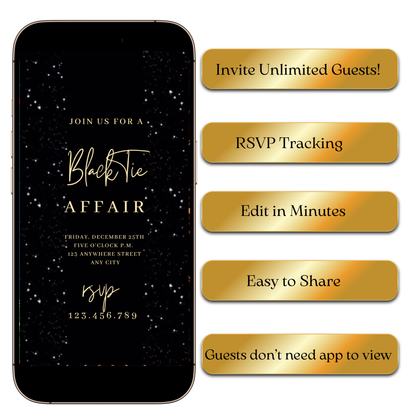 Digital Black Glitter Glam Video Invitation — Elegant Gold Text Digital Template MP4 Invite