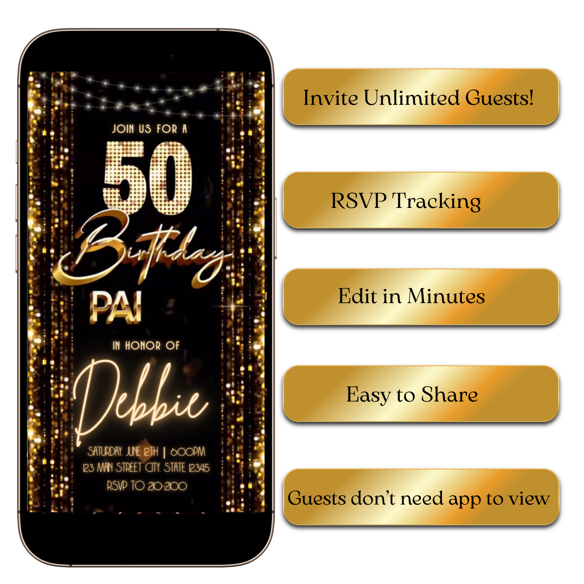 Digital Golden Night Digital Video Invitation MP4 Invite