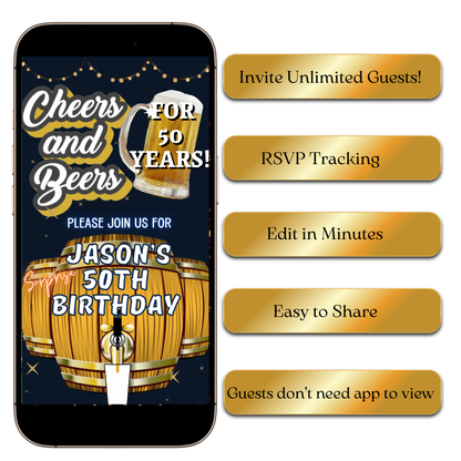 Digital Cheers and Beers 50th Birthday Video Invitation – Beer Themed Surprise Party Evite MP4 Invite