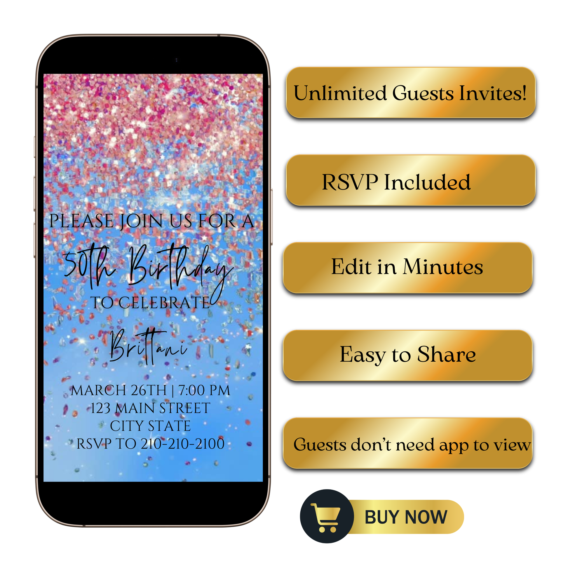 Editable pink and blue watercolor glitter 50th birthday video invitation displayed on a mobile phone, featuring an animated vertical digital invite with music, created in Canva. This premium video invitation template is designed for sharing by text, email, and social media and works with an interactive RSVP website for easy guest response tracking.