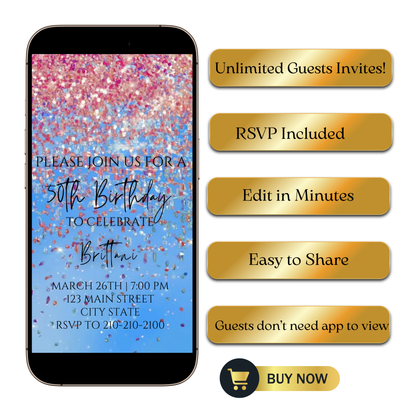 Editable pink and blue watercolor glitter 50th birthday video invitation displayed on a mobile phone, featuring an animated vertical digital invite with music, created in Canva. This premium video invitation template is designed for sharing by text, email, and social media and works with an interactive RSVP website for easy guest response tracking.