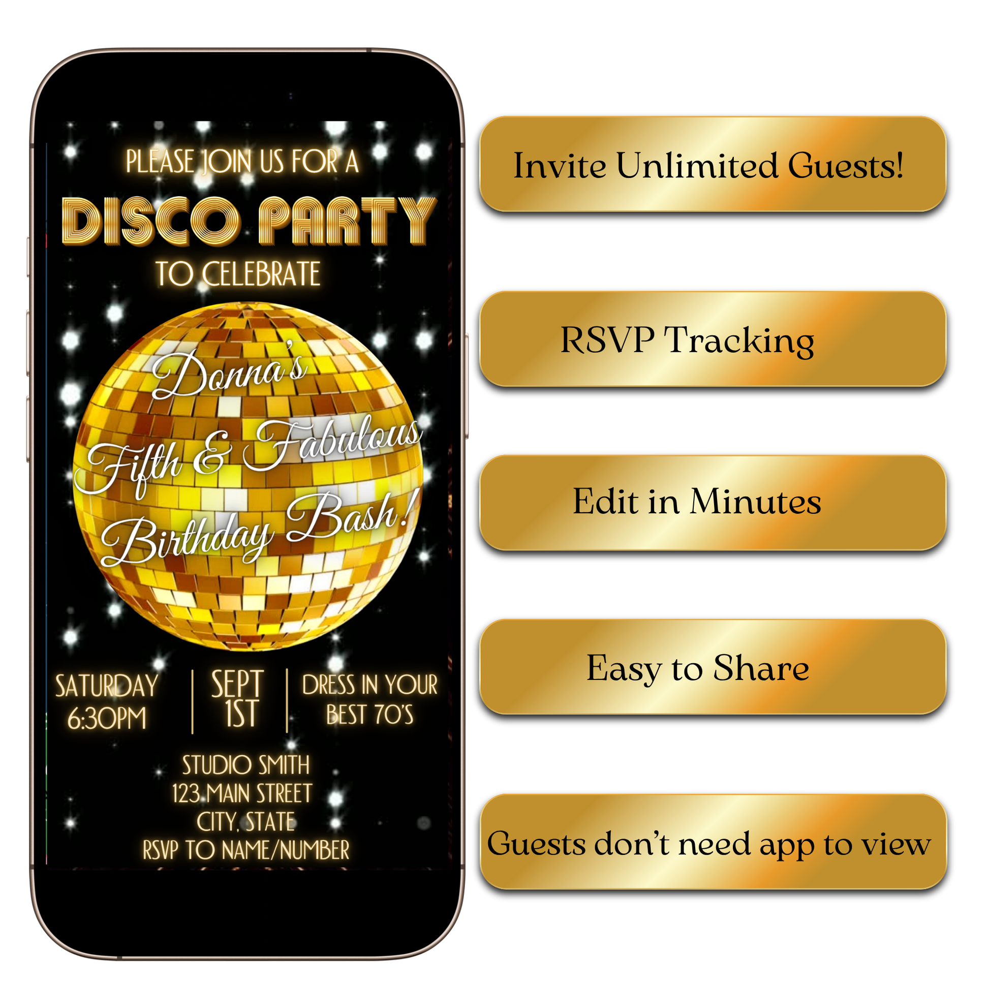 Editable Golden Disco Ball Video Evite