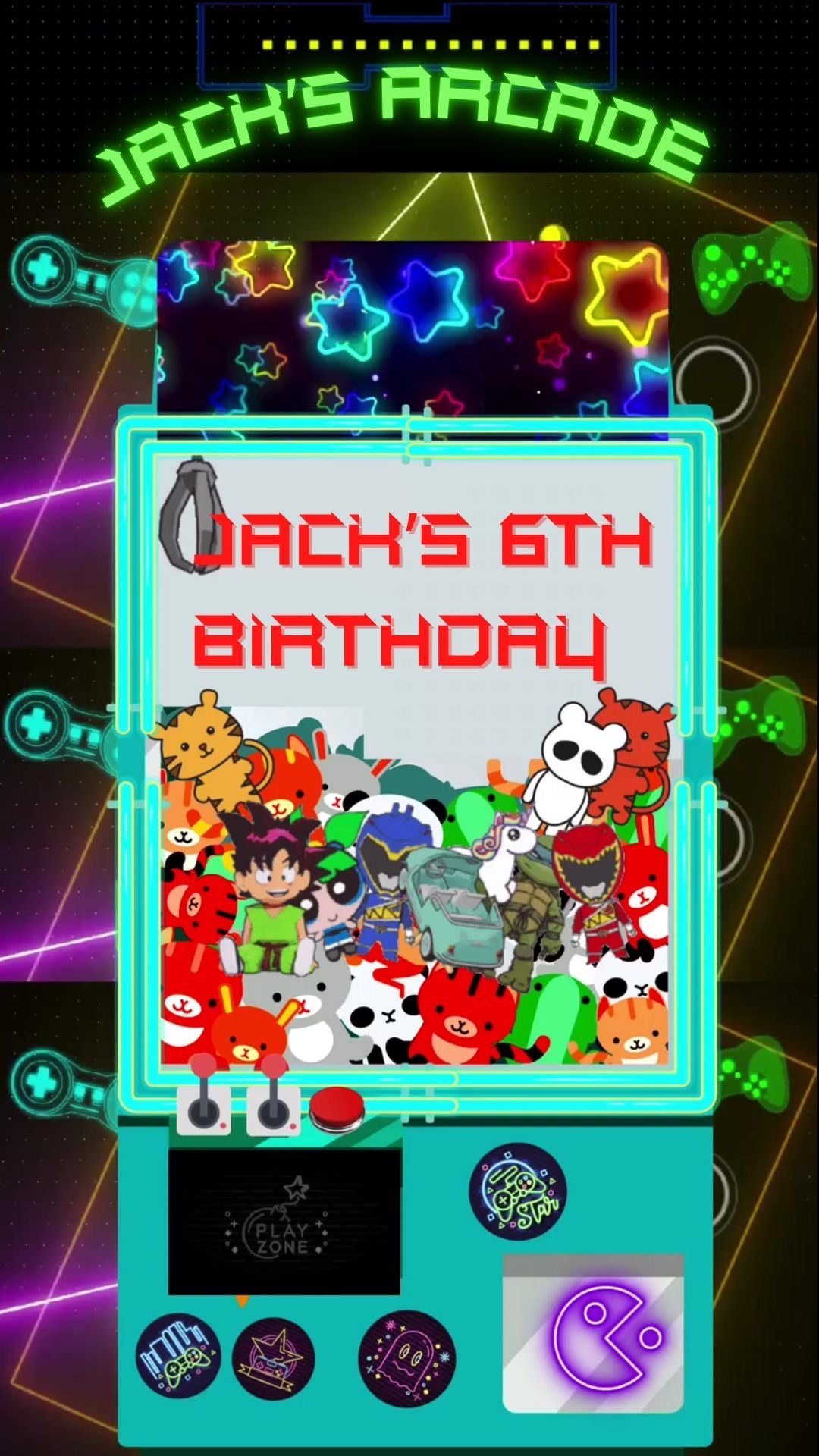 Editable arcade video game 6th birthday birthday video invitation displayed on a mobile phone, featuring an animated vertical digital invite with music, created in Canva. This premium video invitation template is designed for sharing by text, email, and social media and works with an interactive RSVP website for easy guest response tracking.