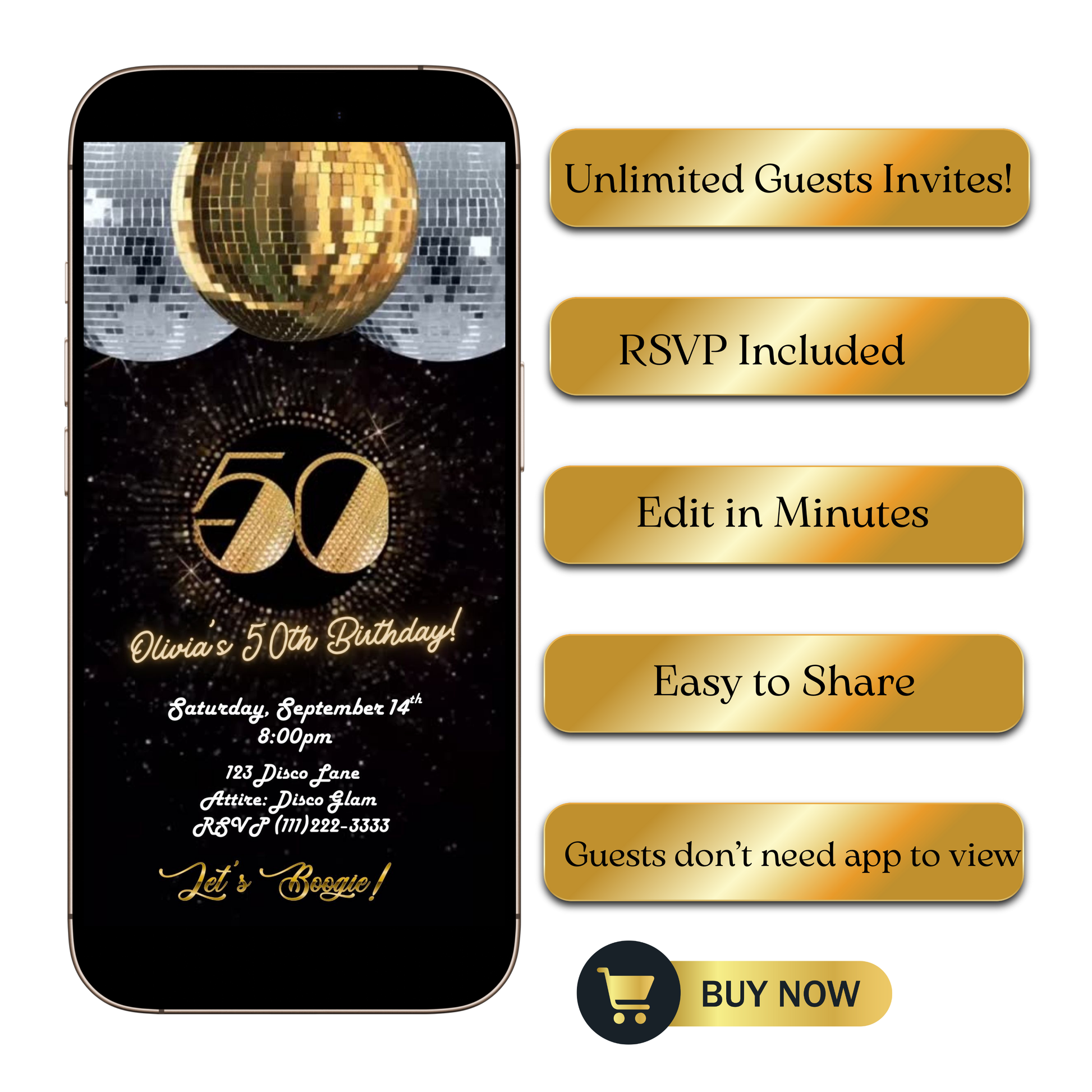 Editable gold disco 50th birthday video invitation displayed on a mobile phone, featuring an animated vertical digital invite with music, created in Canva. This premium video invitation template is designed for sharing by text, email, and social media and works with an interactive RSVP website for easy guest response tracking.