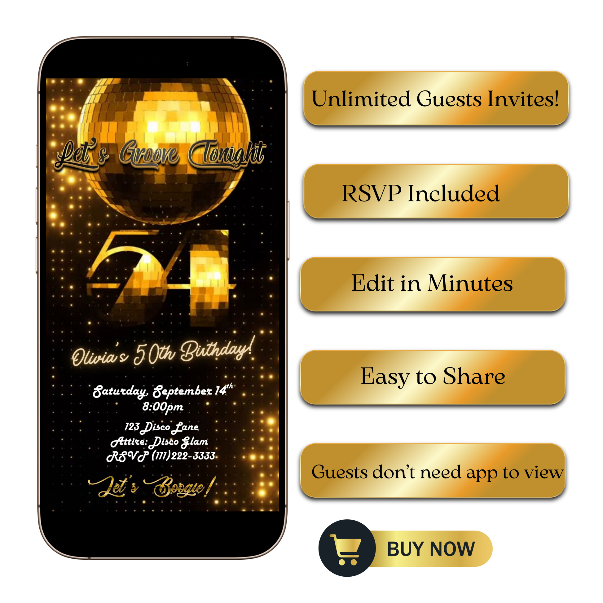 Editable gold disco 54th birthday video invitation displayed on a mobile phone, featuring an animated vertical digital invite with music, created in Canva. This premium video invitation template is designed for sharing by text, email, and social media and works with an interactive RSVP website for easy guest response tracking.