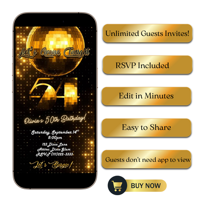 Editable gold disco 54th birthday video invitation displayed on a mobile phone, featuring an animated vertical digital invite with music, created in Canva. This premium video invitation template is designed for sharing by text, email, and social media and works with an interactive RSVP website for easy guest response tracking.