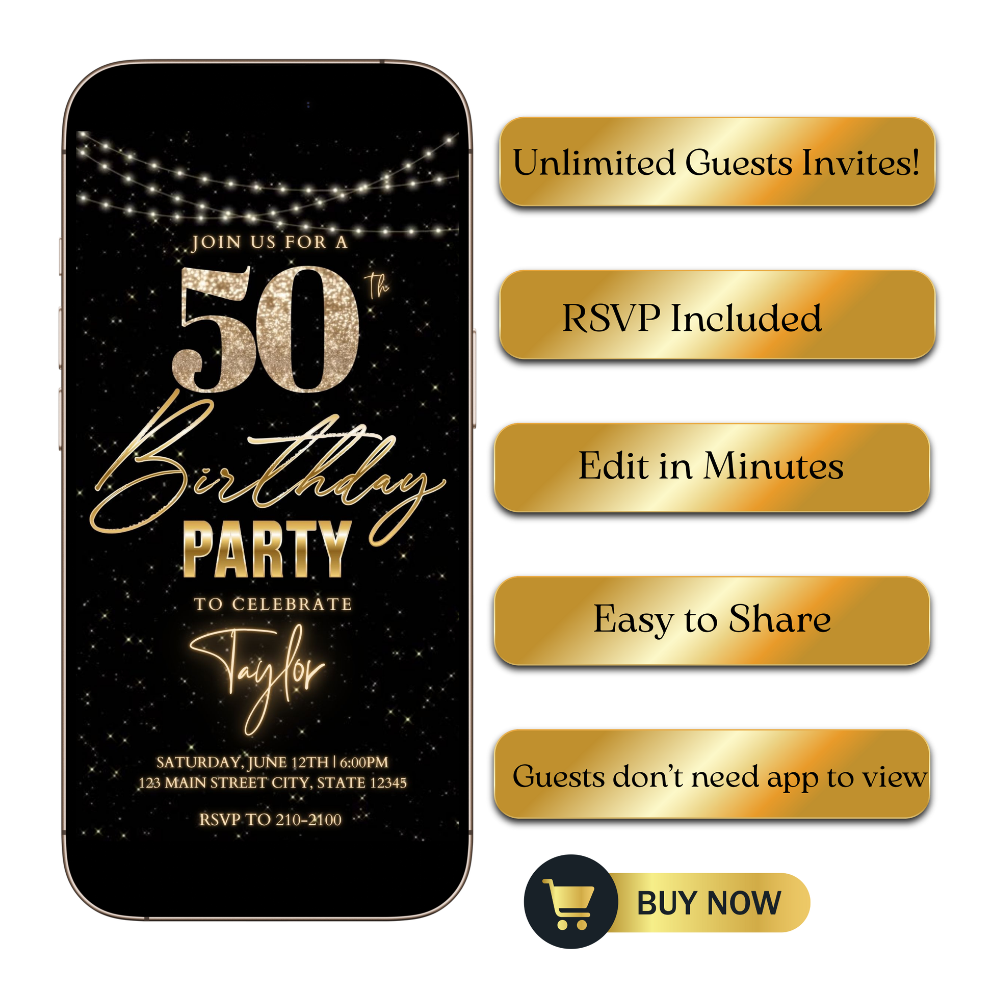 Editable gold glitter starry 50th birthday video invitation displayed on a mobile phone, featuring an animated vertical digital invite with music, created in Canva. This premium video invitation template is designed for sharing by text, email, and social media and works with an interactive RSVP website for easy guest response tracking.