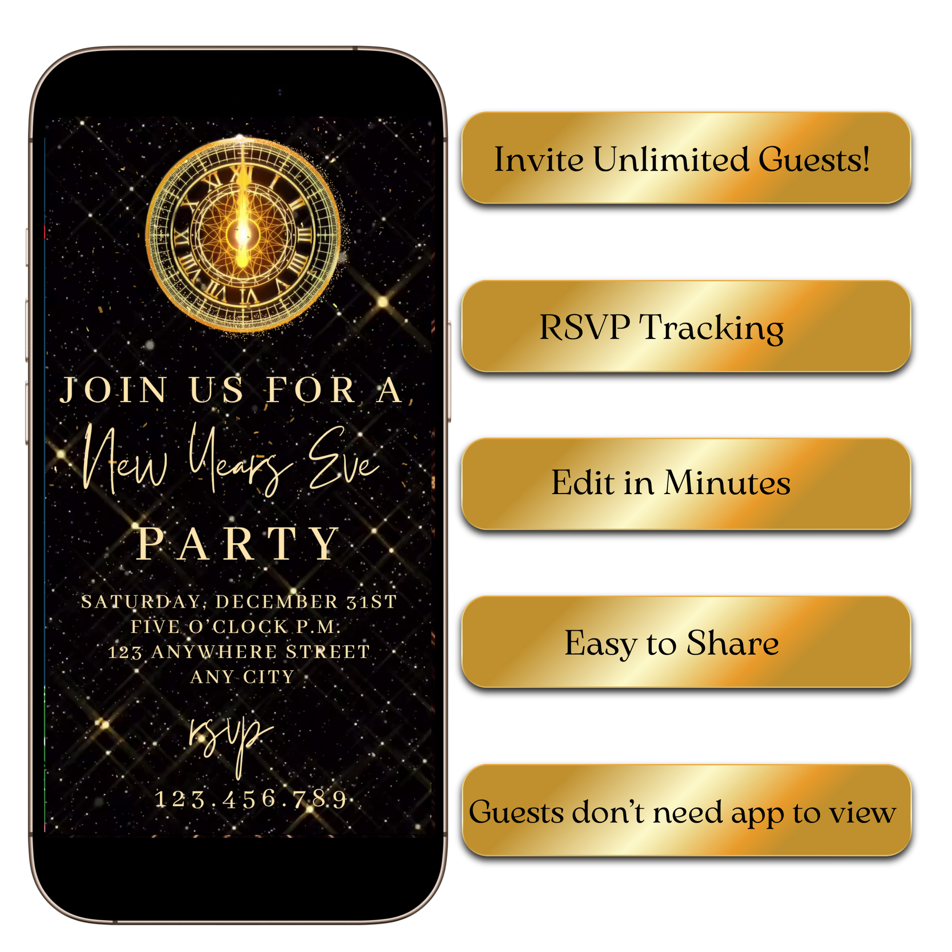 Editable New Year's Eve party video invite with clock animation