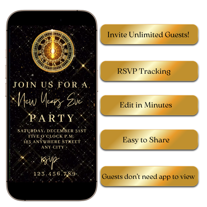 Editable New Year's Eve party video invite with clock animation