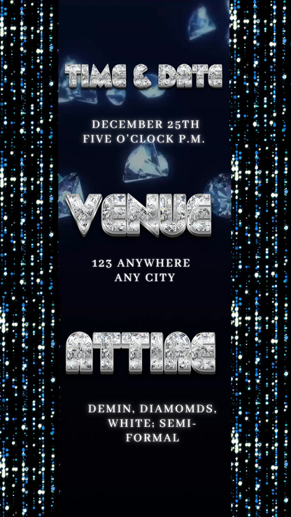 Name and event details in modern serif over light-blue glitter texture