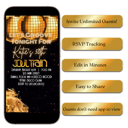 Event details in retro 70s type framed by glittering corners