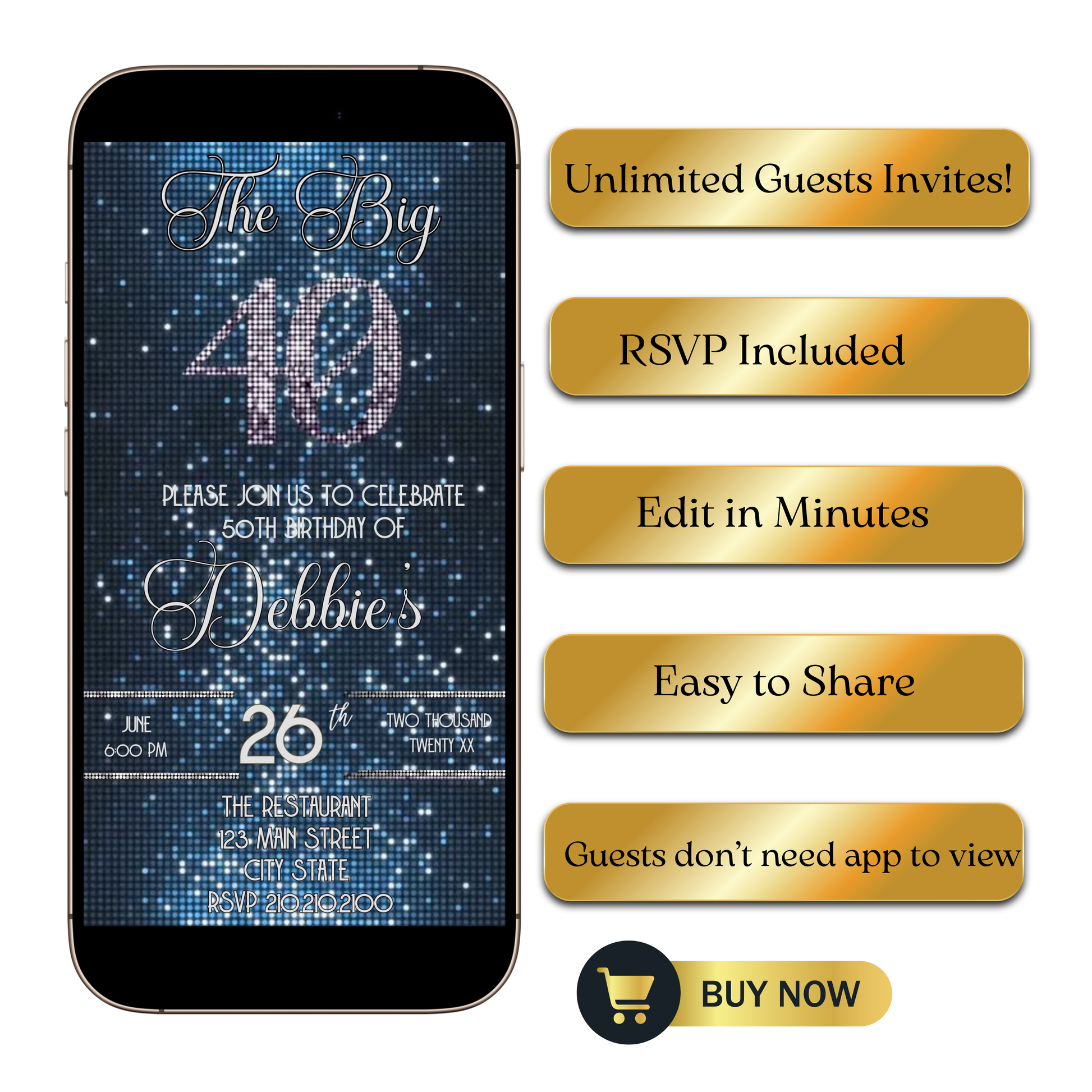 Editable blue sequin 40th birthday video invitation displayed on a mobile phone, featuring an animated vertical digital invite with music, created in Canva. This premium video invitation template is designed for sharing by text, email, and social media and works with an interactive RSVP website for easy guest response tracking.