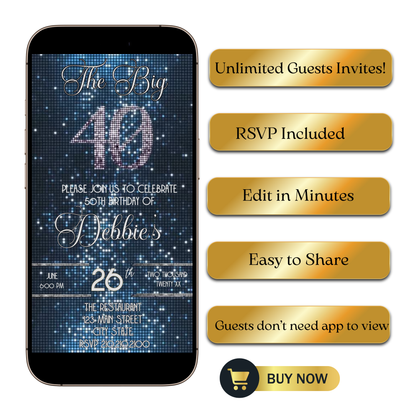 Editable blue sequin 40th birthday video invitation displayed on a mobile phone, featuring an animated vertical digital invite with music, created in Canva. This premium video invitation template is designed for sharing by text, email, and social media and works with an interactive RSVP website for easy guest response tracking.