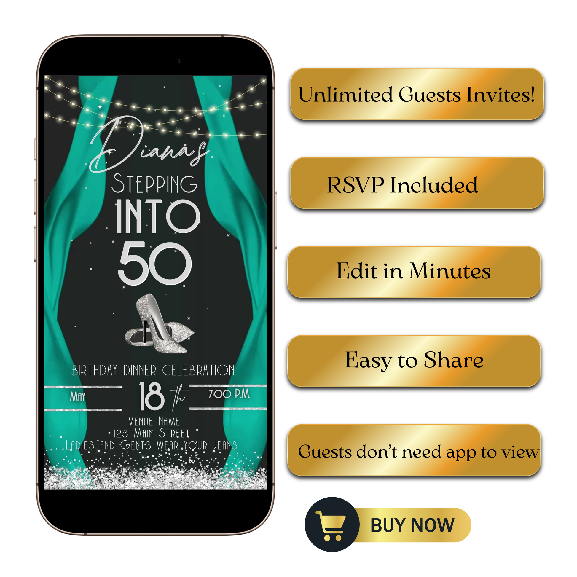 Editable teal red carpet 50th birthday video invitation displayed on a mobile phone, featuring an animated vertical digital invite with music, created in Canva. This premium video invitation template is designed for sharing by text, email, and social media and works with an interactive RSVP website for easy guest response tracking.