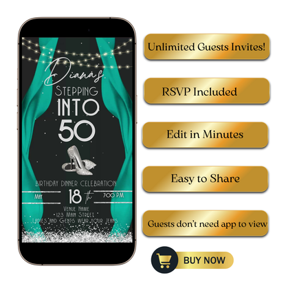 Editable teal red carpet 50th birthday video invitation displayed on a mobile phone, featuring an animated vertical digital invite with music, created in Canva. This premium video invitation template is designed for sharing by text, email, and social media and works with an interactive RSVP website for easy guest response tracking.