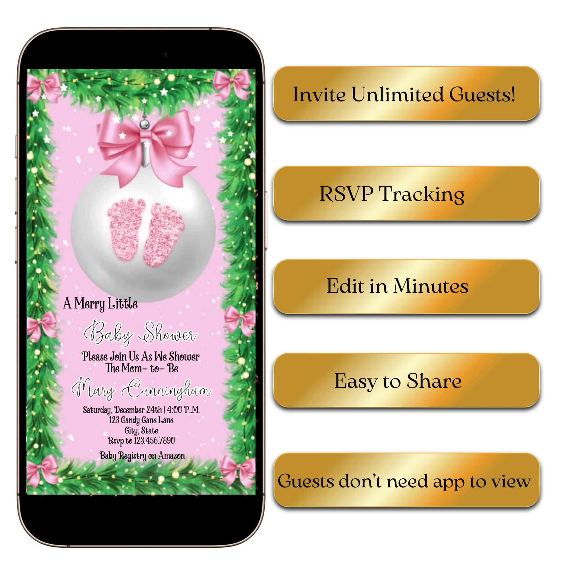 Editable pink winter ornament baby video invite online