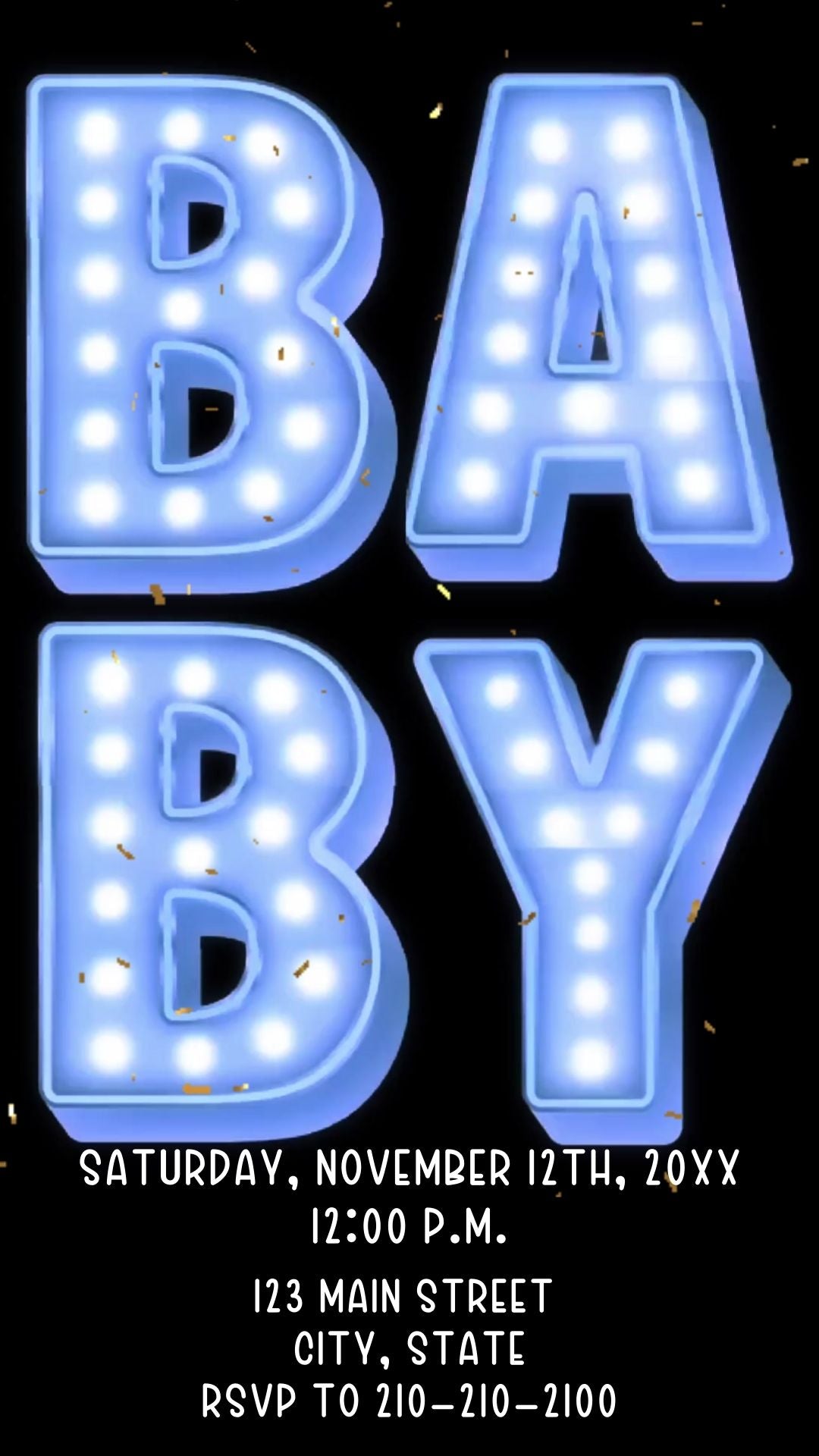 Editable blue marquee boy baby shower baby shower video invitation displayed on a mobile phone, featuring an animated vertical digital invite with music, created in Canva. This premium video invitation template is designed for sharing by text, email, and social media and works with an interactive RSVP website for easy guest response tracking.