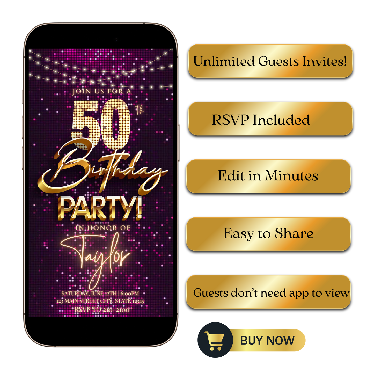 Editable pink gold sequin 50th birthday video invitation displayed on a mobile phone, featuring an animated vertical digital invite with music, created in Canva. This premium video invitation template is designed for sharing by text, email, and social media and works with an interactive RSVP website for easy guest response tracking.
