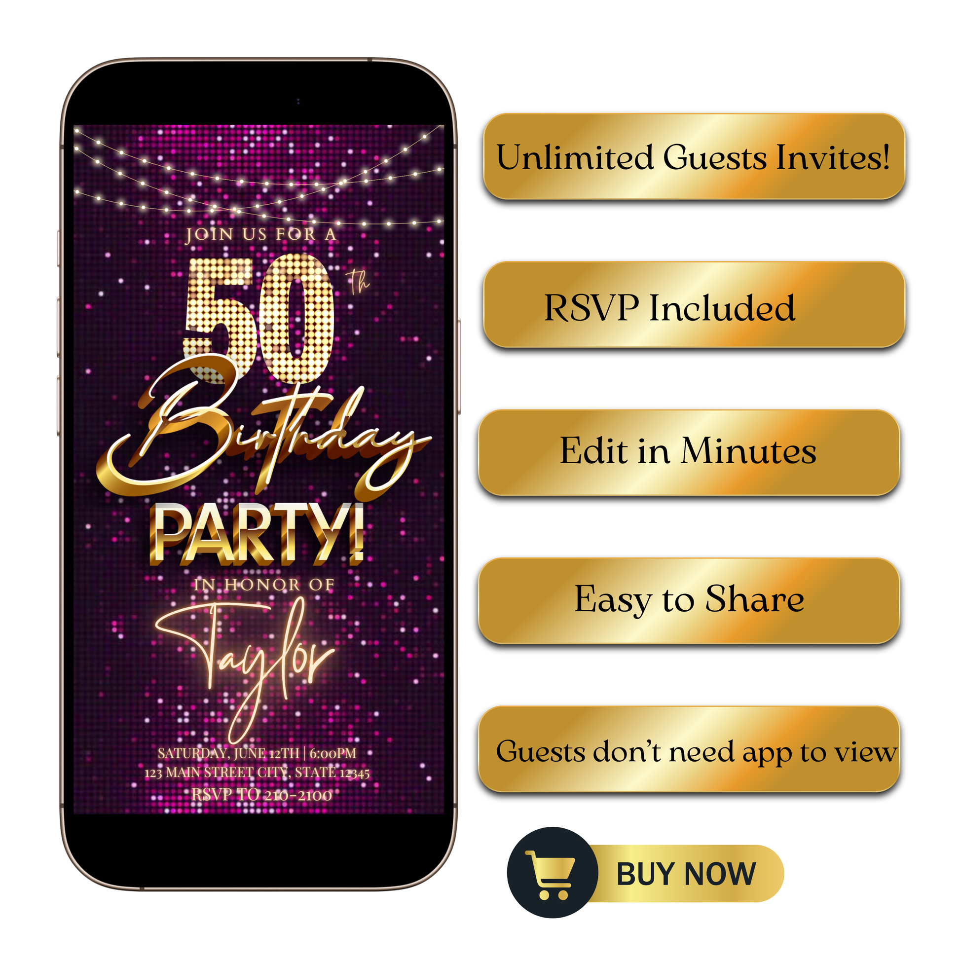 Editable pink gold sequin 50th birthday video invitation displayed on a mobile phone, featuring an animated vertical digital invite with music, created in Canva. This premium video invitation template is designed for sharing by text, email, and social media and works with an interactive RSVP website for easy guest response tracking.