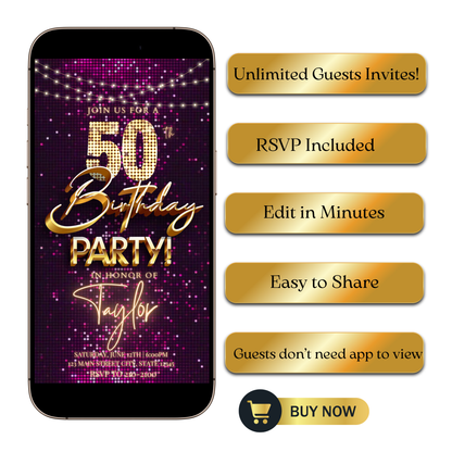 Editable pink gold sequin 50th birthday video invitation displayed on a mobile phone, featuring an animated vertical digital invite with music, created in Canva. This premium video invitation template is designed for sharing by text, email, and social media and works with an interactive RSVP website for easy guest response tracking.