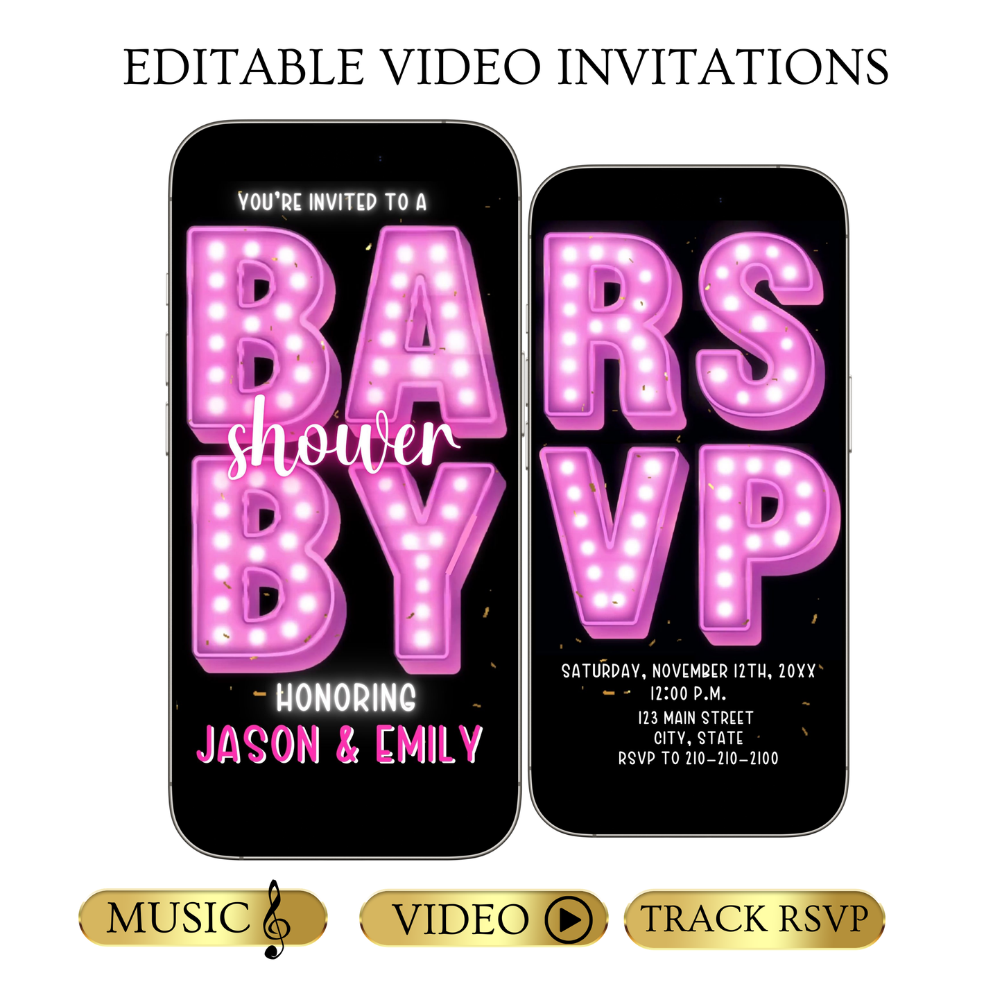 Editable pink neon baby shower baby shower video invitation displayed on a mobile phone, featuring an animated vertical digital invite with music, created in Canva. This premium video invitation template is designed for sharing by text, email, and social media and works with an interactive RSVP website for easy guest response tracking.