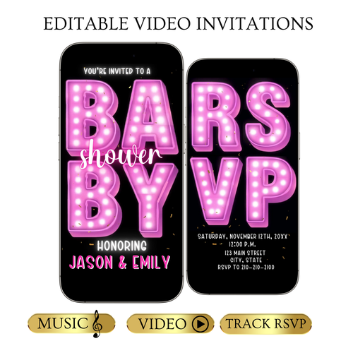 Editable pink neon baby shower baby shower video invitation displayed on a mobile phone, featuring an animated vertical digital invite with music, created in Canva. This premium video invitation template is designed for sharing by text, email, and social media and works with an interactive RSVP website for easy guest response tracking.