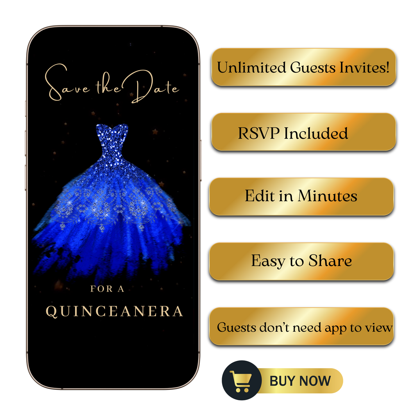 Editable royal blue glitter dress Quinceañera video invitation displayed on a mobile phone, featuring an animated vertical digital invite with music, created in Canva. This premium video invitation template is designed for sharing by text, email, and social media and works with an interactive RSVP website for easy guest response tracking.