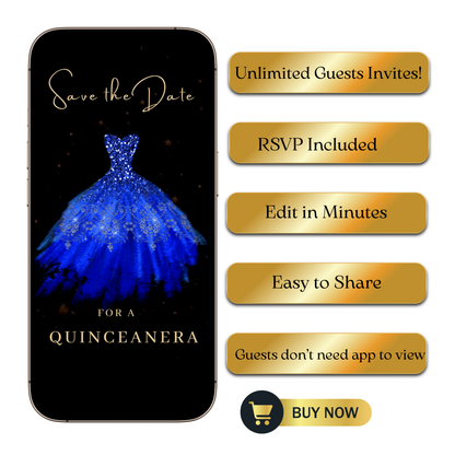 Editable royal blue glitter dress Quinceañera video invitation displayed on a mobile phone, featuring an animated vertical digital invite with music, created in Canva. This premium video invitation template is designed for sharing by text, email, and social media and works with an interactive RSVP website for easy guest response tracking.