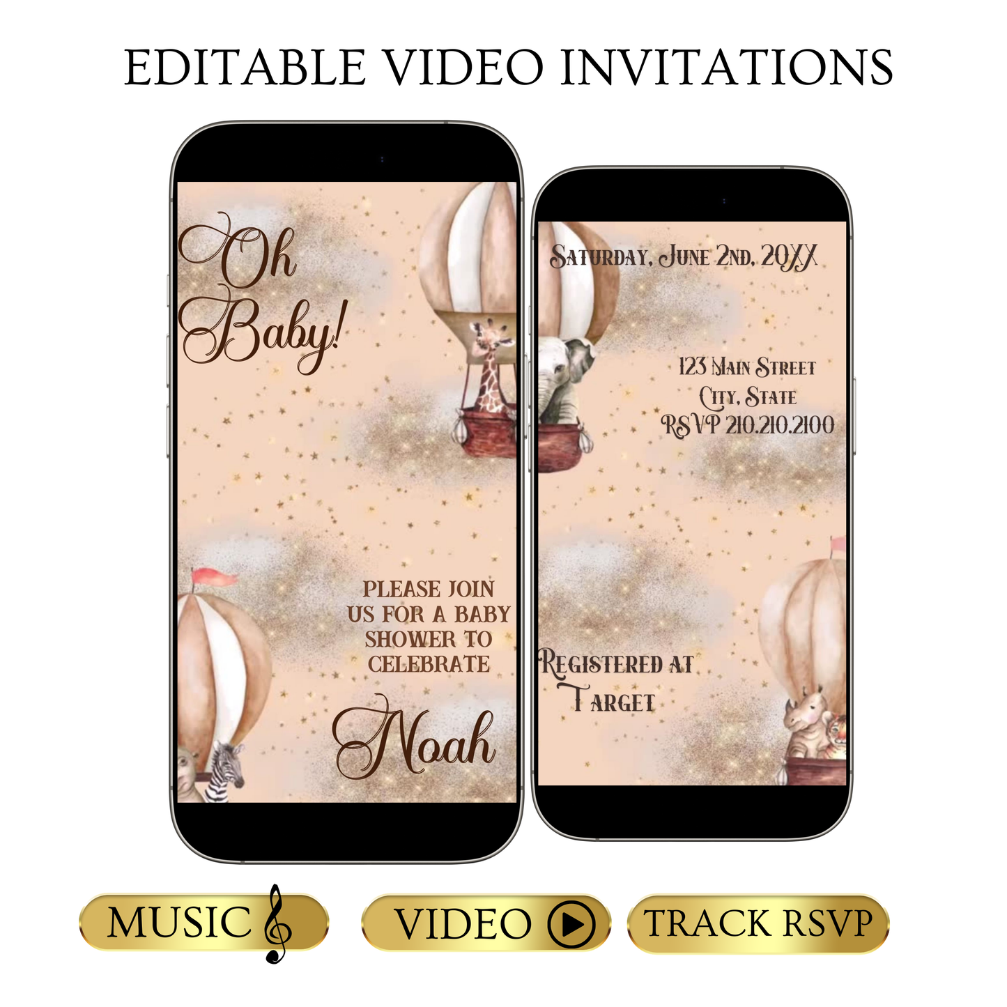 Editable noah’s ark baby shower baby shower video invitation displayed on a mobile phone, featuring an animated vertical digital invite with music, created in Canva. This premium video invitation template is designed for sharing by text, email, and social media and works with an interactive RSVP website for easy guest response tracking.