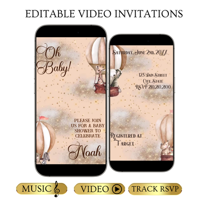 Editable noah’s ark baby shower baby shower video invitation displayed on a mobile phone, featuring an animated vertical digital invite with music, created in Canva. This premium video invitation template is designed for sharing by text, email, and social media and works with an interactive RSVP website for easy guest response tracking.