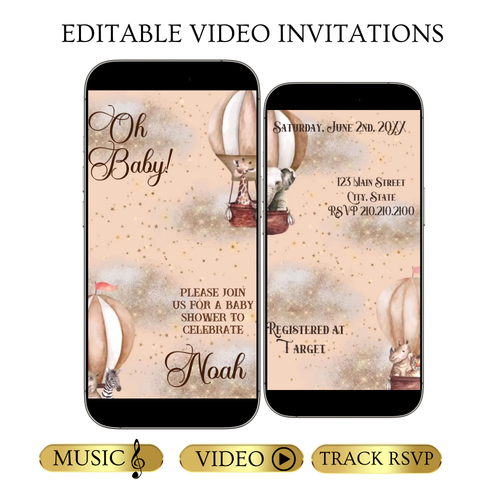 Editable noah’s ark baby shower baby shower video invitation displayed on a mobile phone, featuring an animated vertical digital invite with music, created in Canva. This premium video invitation template is designed for sharing by text, email, and social media and works with an interactive RSVP website for easy guest response tracking.