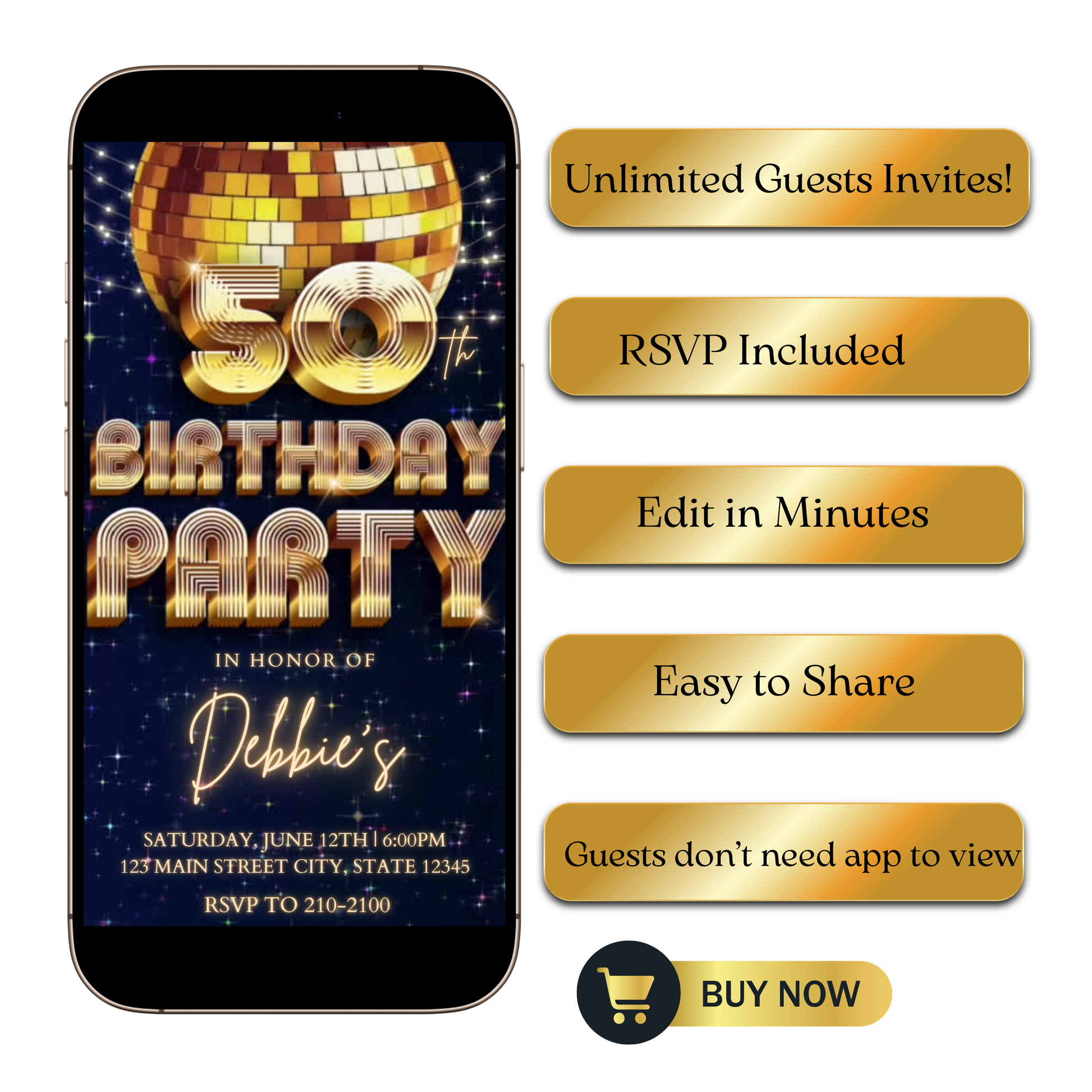 Editable blue gold disco 50th birthday party video invitation displayed on a mobile phone, featuring an animated vertical digital invite with music, created in Canva. This premium video invitation template is designed for sharing by text, email, and social media and works with an interactive RSVP website for easy guest response tracking.